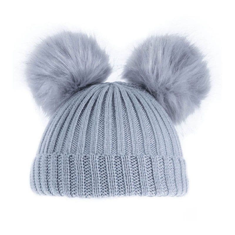 Soft Touch Grey Ribbed Hat W/Pom Poms