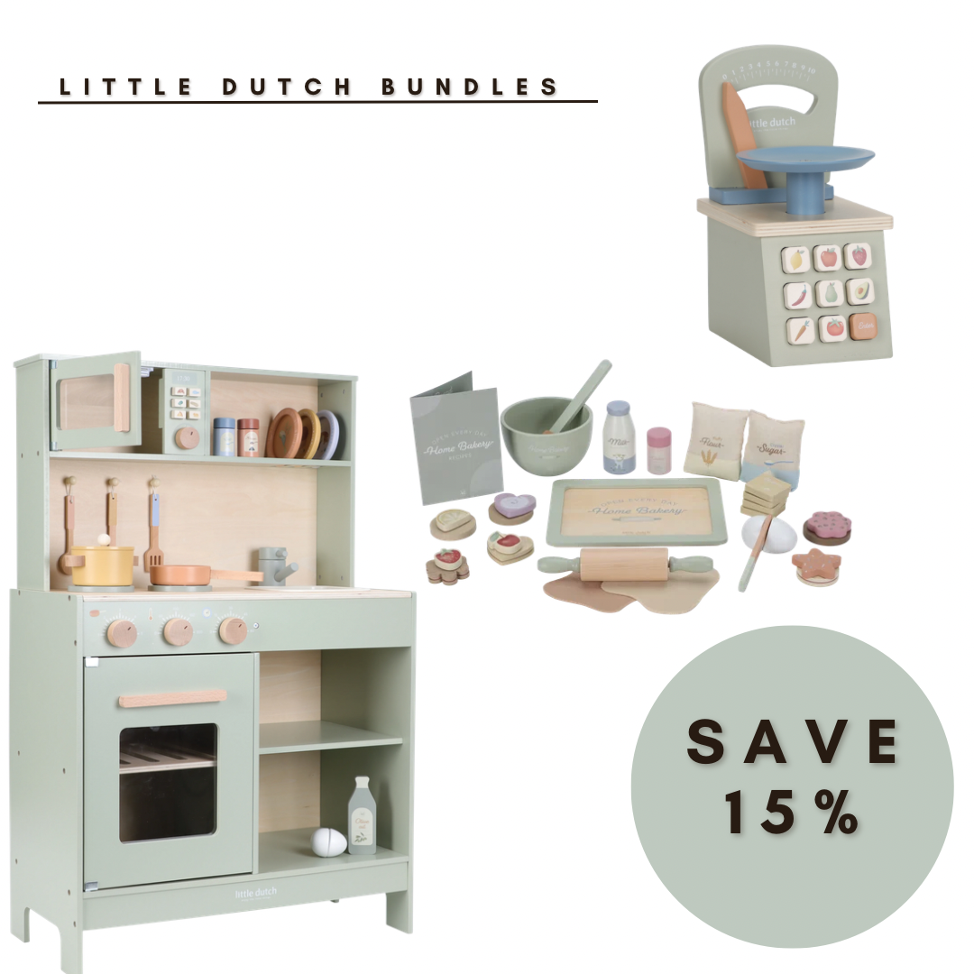 Little Dutch Wooden 3Pc Mint Kitchen Bundle with Baking Set, Toy Scale + Accessories