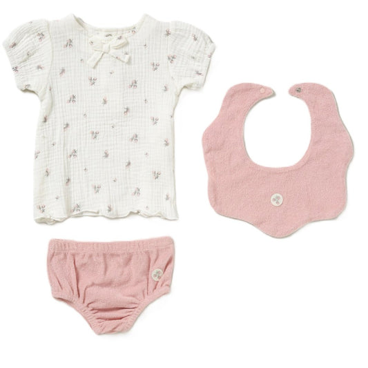 Rock A Bye Baby- Girls Muslin Top, Towelling Knickers & Reversible Bib