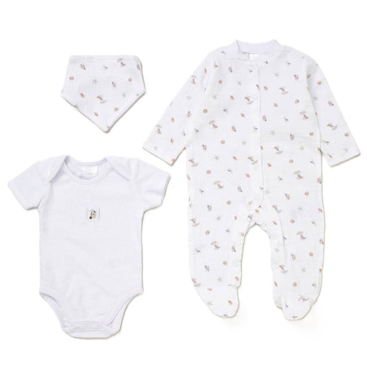 Rock A Bye Baby Unisex Muslin Sleepsuit, Terry Bodysuit & Reversible Bib