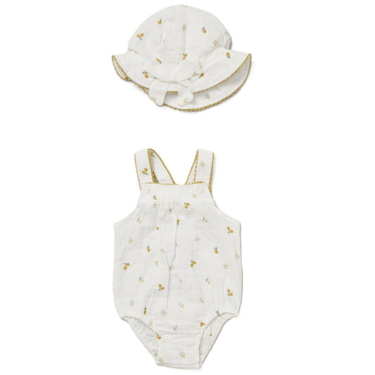 Rock A Bye Baby Girls Printed Muslin Romper & Hat