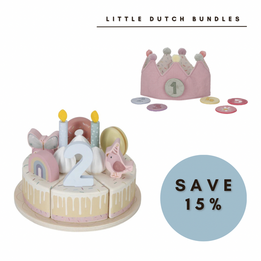 Little Dutch Pink Wooden Birthday Cake & Birthday Crown Bundle