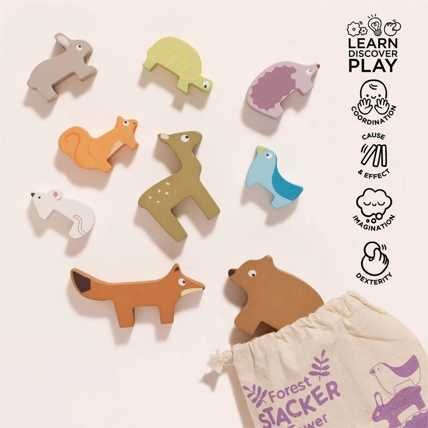 Le Toy Van Wooden Woodland Stacking Forest Friends & Bag