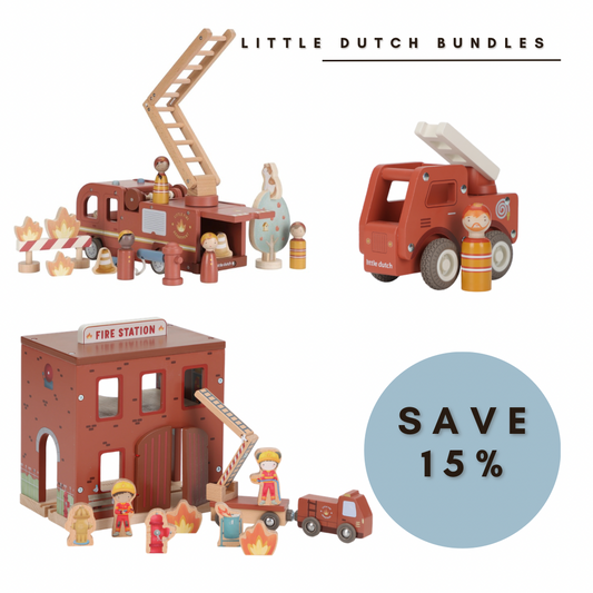 Little Dutch Wooden Fire Station & Fire Trucks Bundle