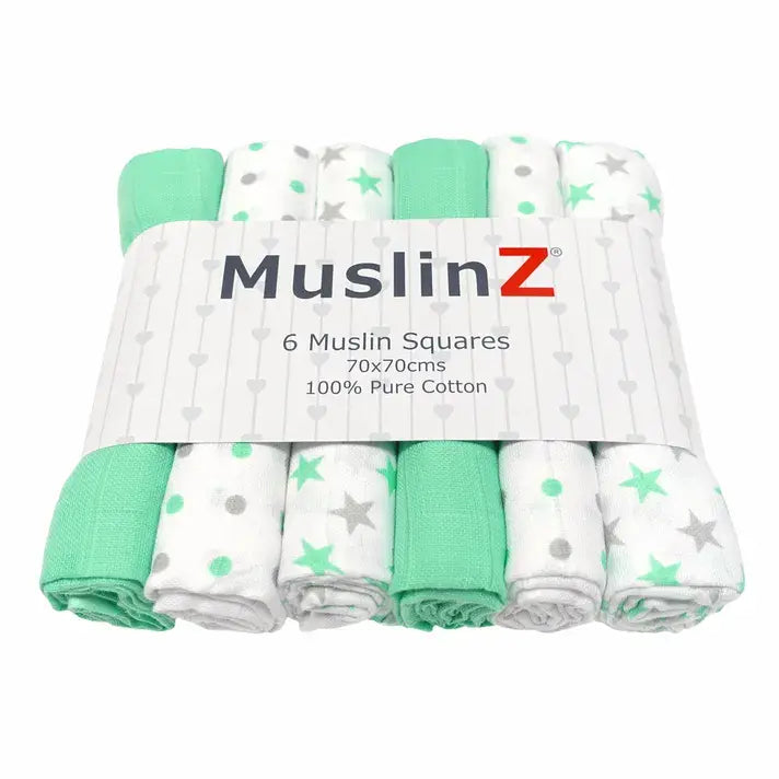 Muslinz 6pk 100% Cotton Muslin Squares Mint/Grey Stars