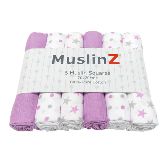 Muslinz 6pk 100% Cotton Muslin Squares Violet/ Grey Stars