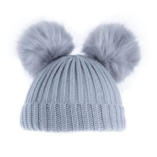 Soft Touch Grey Ribbed Hat W/Pom Poms
